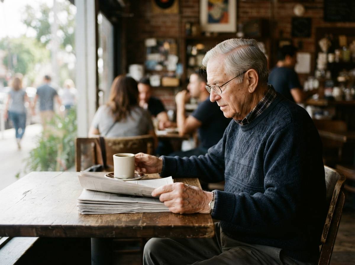 A resident reads a local newspaper over coffee in a small Los Angeles neighborhood cafe.
