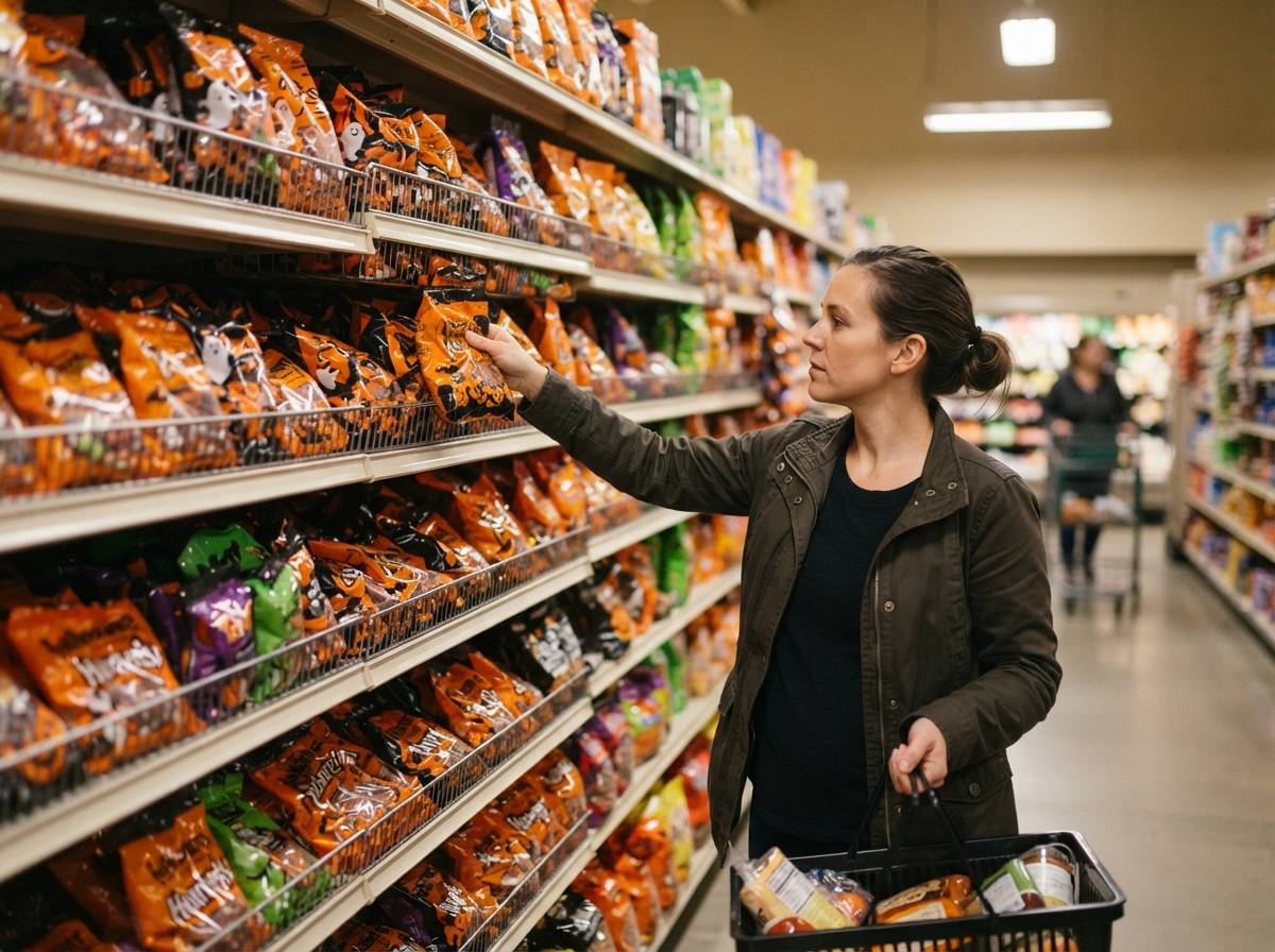 A shopper selects a bag of Halloween candy from a fully stocked grocery store aisle.