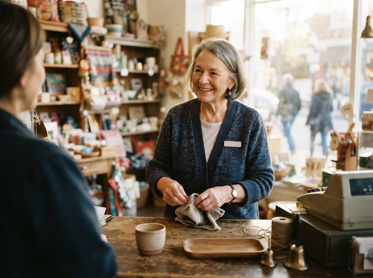 An older woman works part time behind a store counter in warm afternoon light.