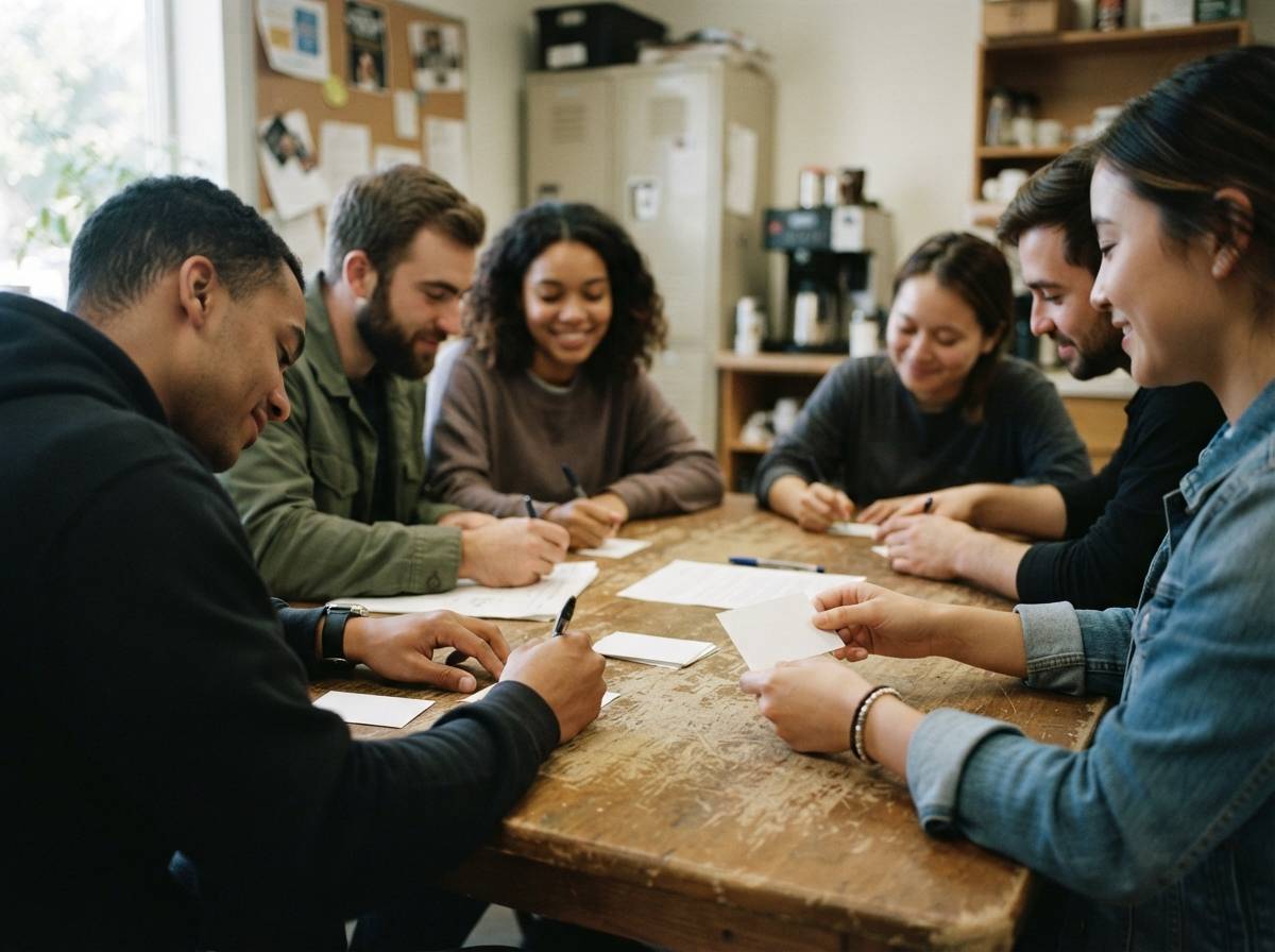 Retail workers sit at a break room table signing union authorization cards.