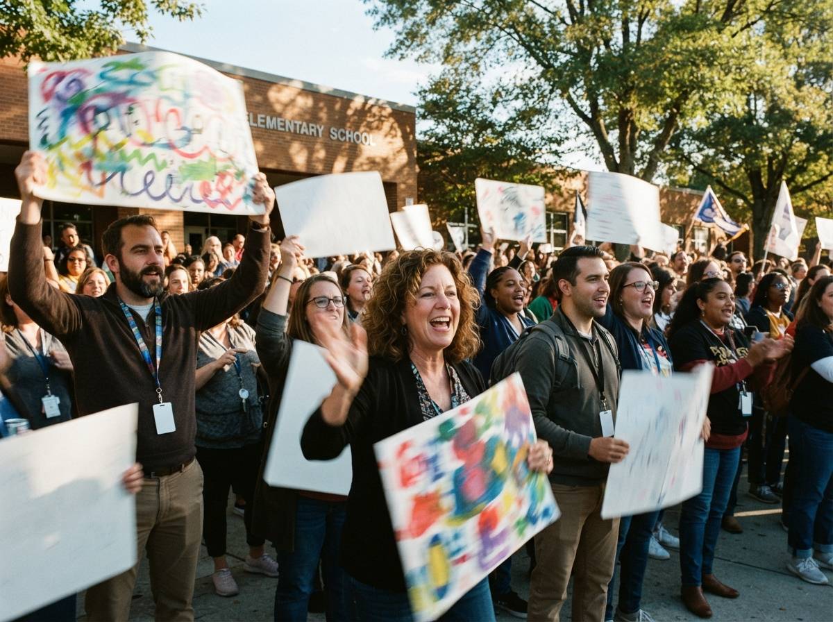 Teachers and school staff hold signs at an outdoor union rally near a school.