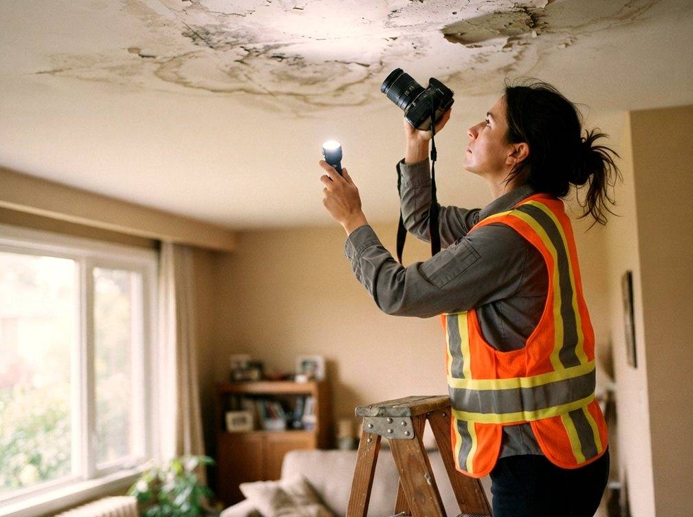 A claims adjuster inspects water damage on a home ceiling while taking photos for an insurance claim.