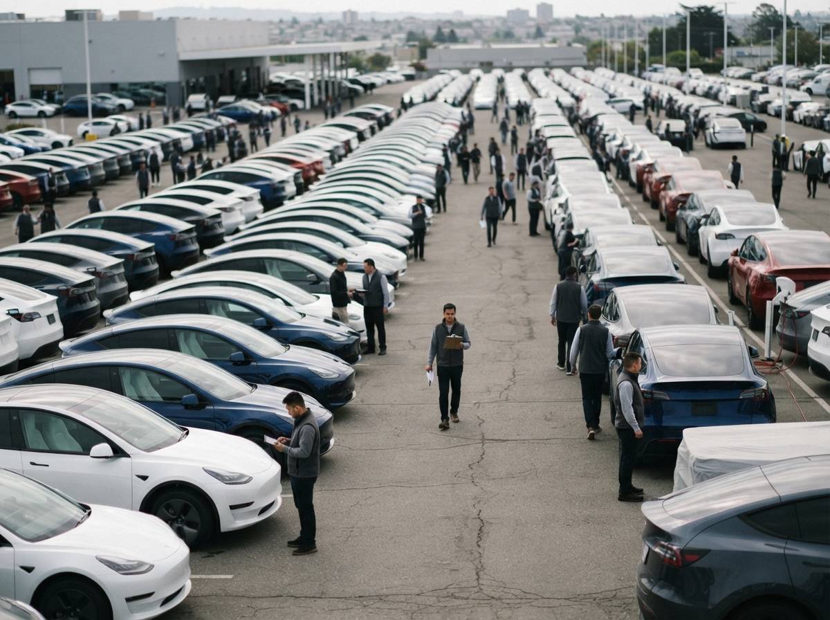 A customer and Tesla staff member review delivery paperwork beside a new vehicle.