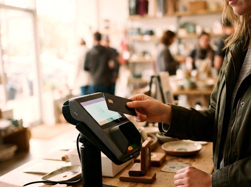 A customer tapping a payment card on a retail store terminal near a window with natural light.