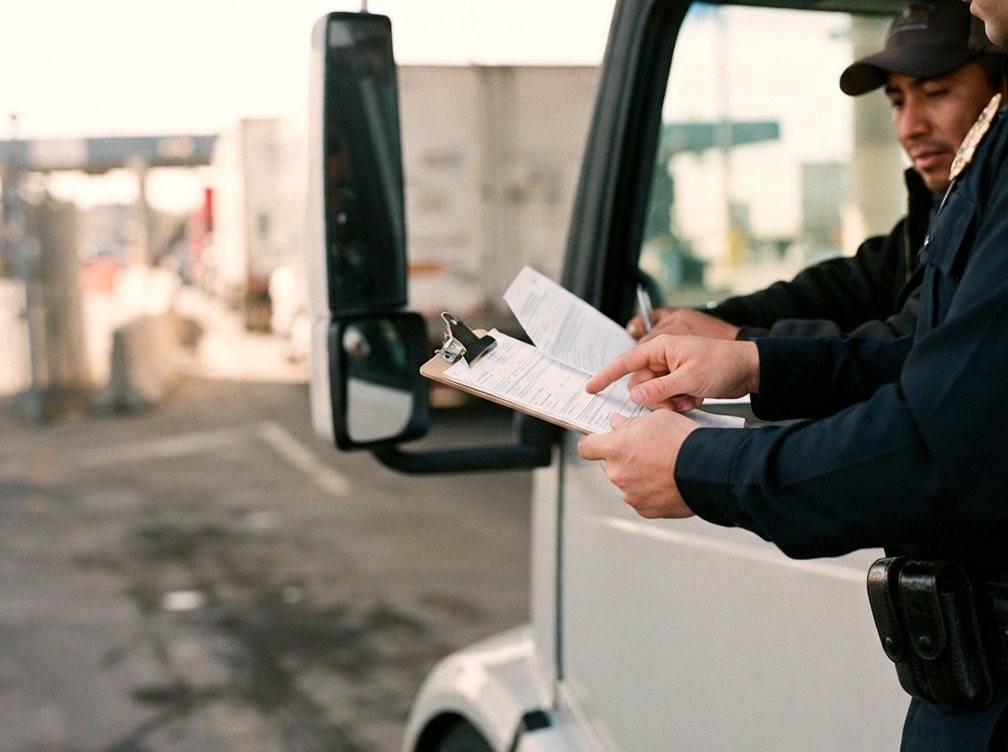 A customs officer reviews paperwork with a truck driver at a border freight crossing.