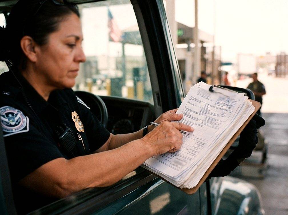 A customs official reviews import compliance paperwork near stacked cargo containers.