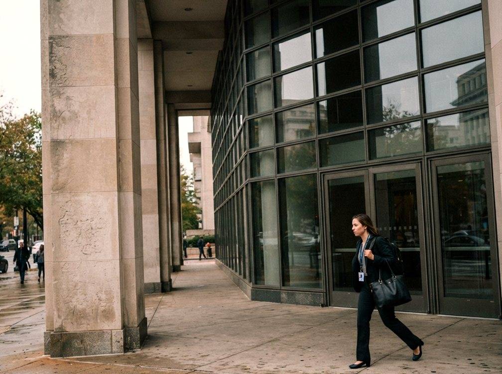 A glass corporate office lobby with an employee walking past in natural daylight.