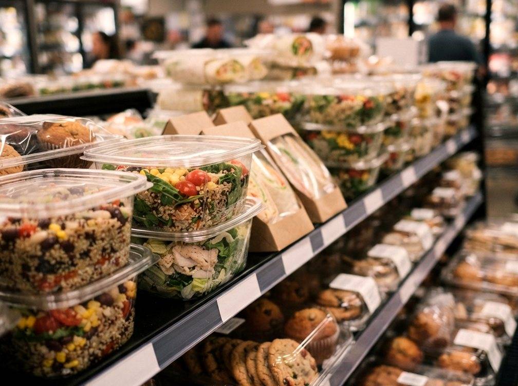 A grocery store shelf stocked with prepared food containers and bakery items.