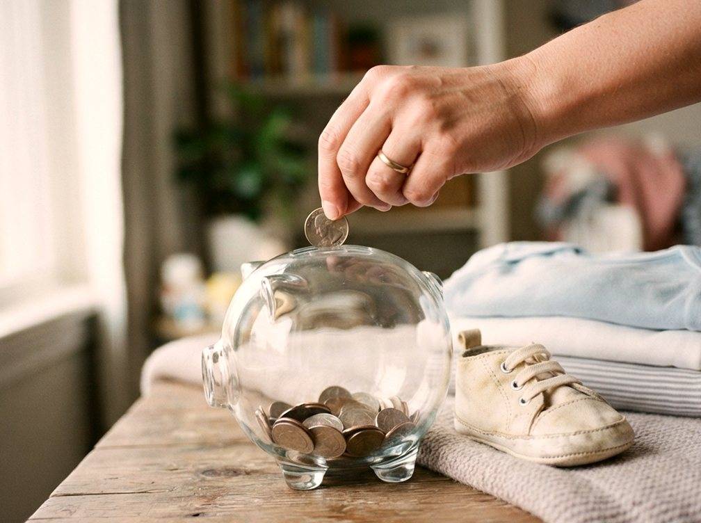 A hand drops coins into a piggy bank next to baby items on a table.
