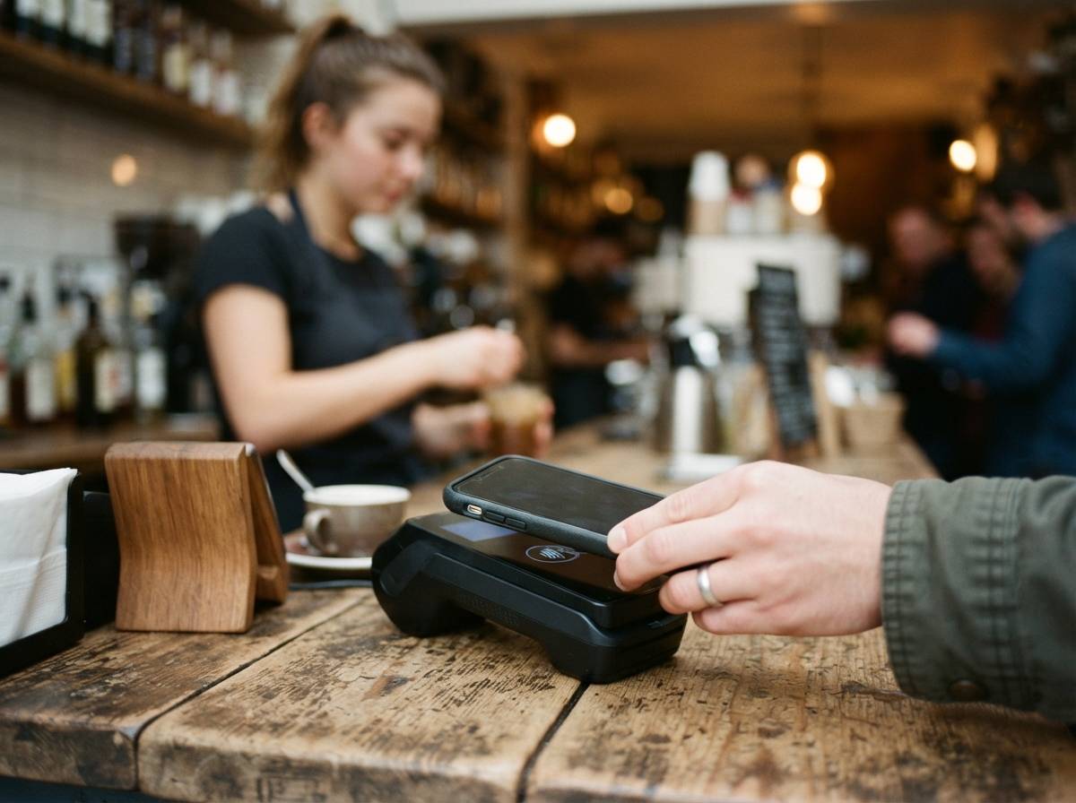 A hand holding a smartphone over a contactless payment terminal to make a purchase.