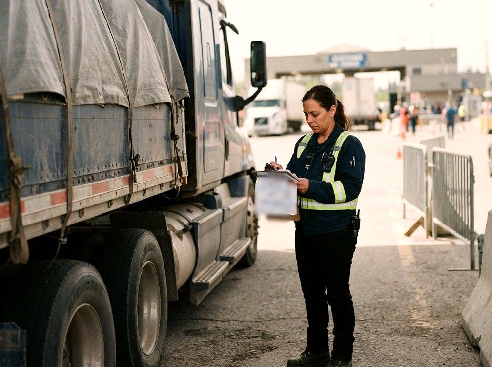 A logistics worker checks paperwork beside a cargo truck at a border checkpoint.