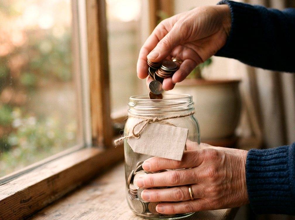 A parent adds coins to a savings jar labeled for their newborn child.