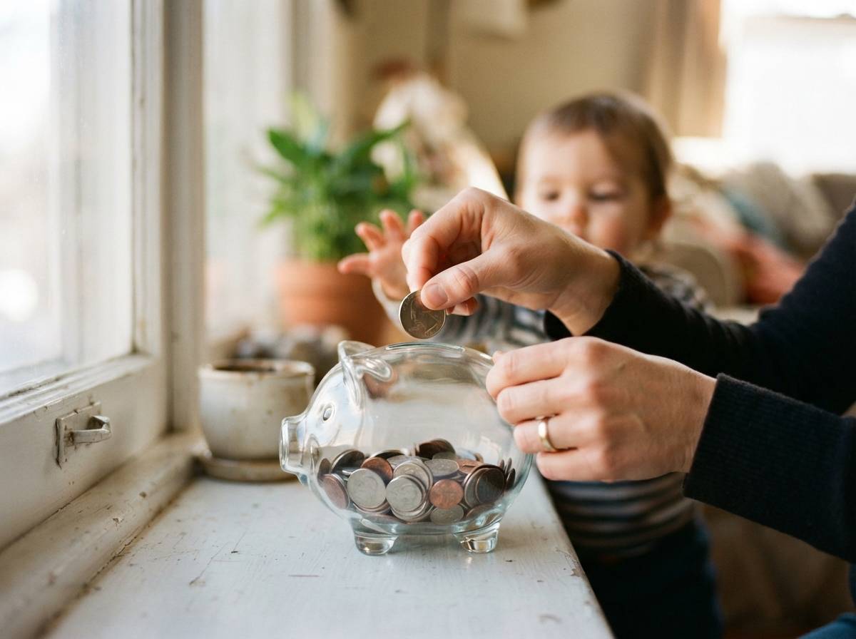 A parent fills out an online account setup form on a laptop with a piggy bank nearby.