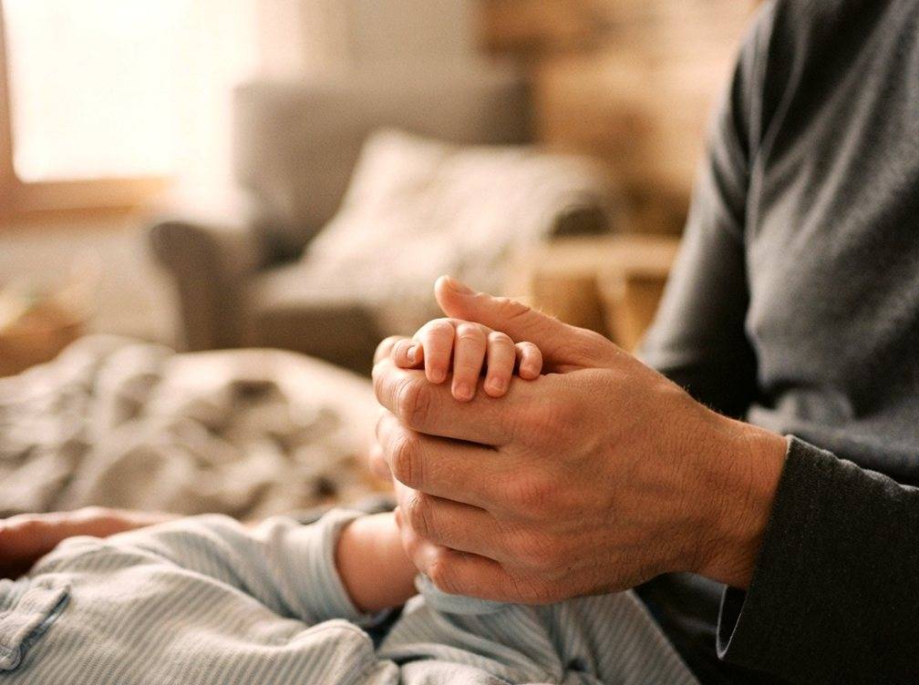 A parent gently holds their baby's hand in a softly lit room at home.