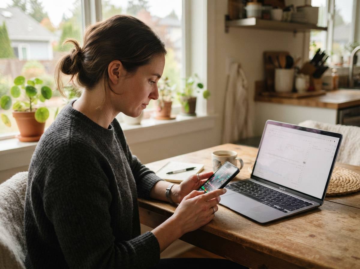 A person checking cryptocurrency prices on a smartphone app at a table.