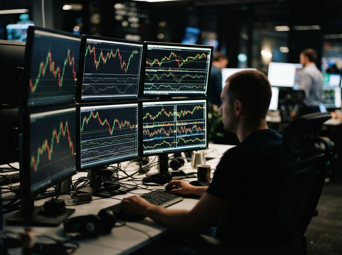 A person holds a smartphone showing a cryptocurrency trading app with price charts visible.
