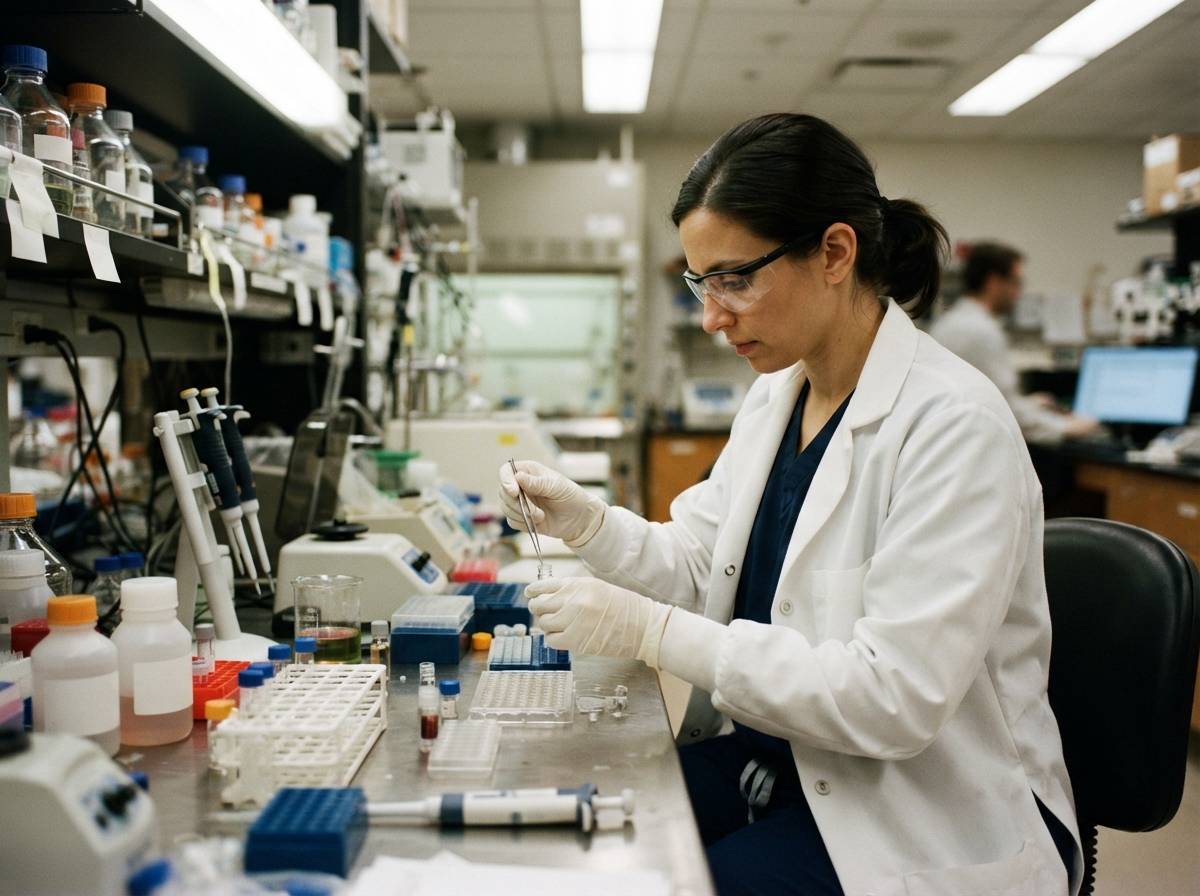 A researcher in a white lab coat examines clinical trial sample vials in a pharmaceutical laboratory.