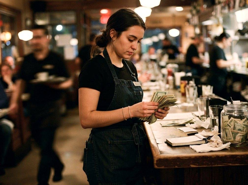 A restaurant server counts cash tips after finishing a shift.