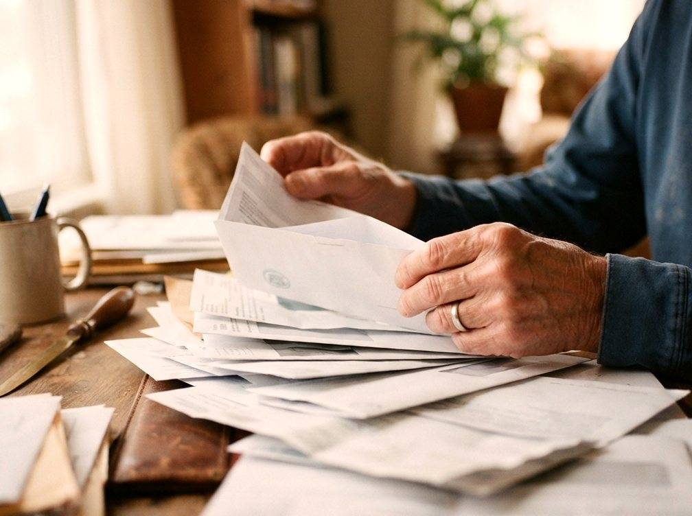 A retiree sorts through mail including an opened Social Security Administration envelope at a home desk.