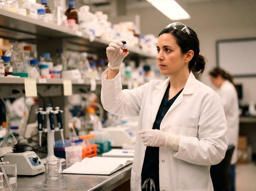 A scientist in a white lab coat examines a vial in a pharmaceutical research laboratory.