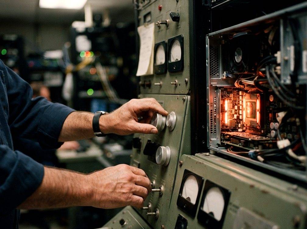 A technician adjusts cables on a server rack holding an AI chip inside a nuclear facility control room.
