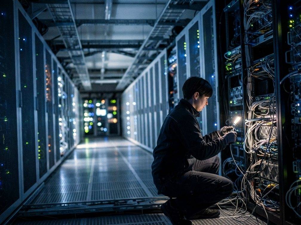 A technician in a hard hat checks equipment while walking through a row of server racks.