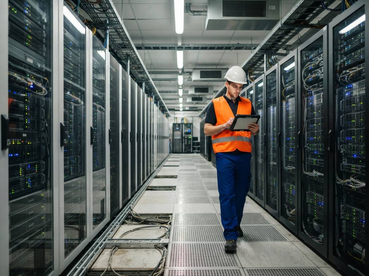 A technician inspecting server racks inside a data center.