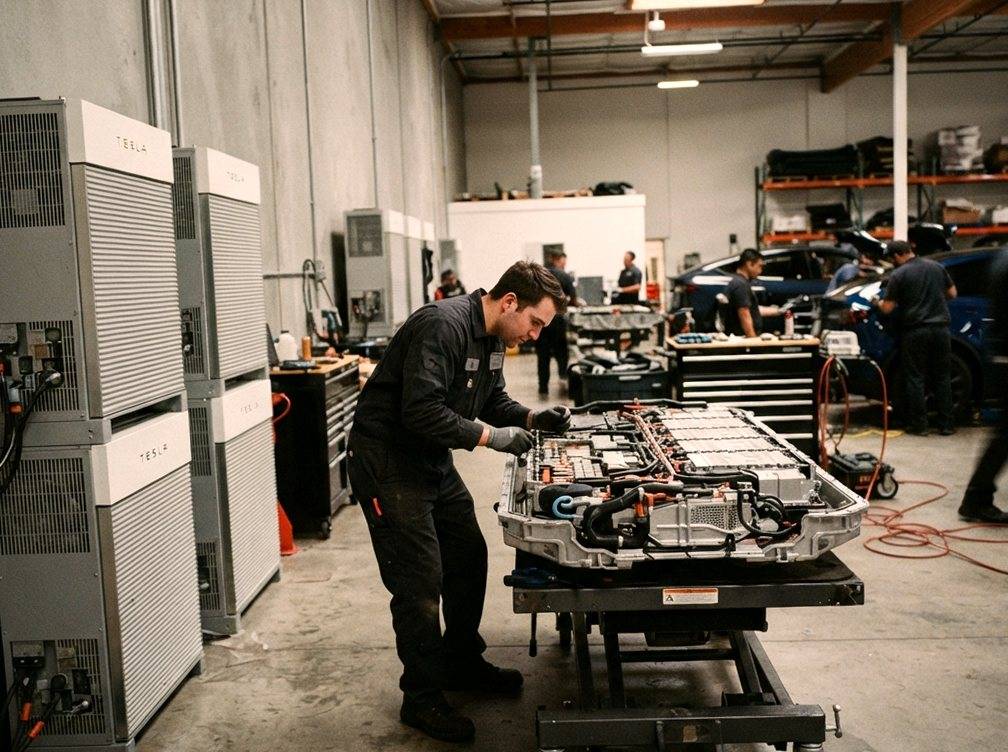 A technician inspects battery storage equipment near stacked Megapack units inside a Tesla facility.