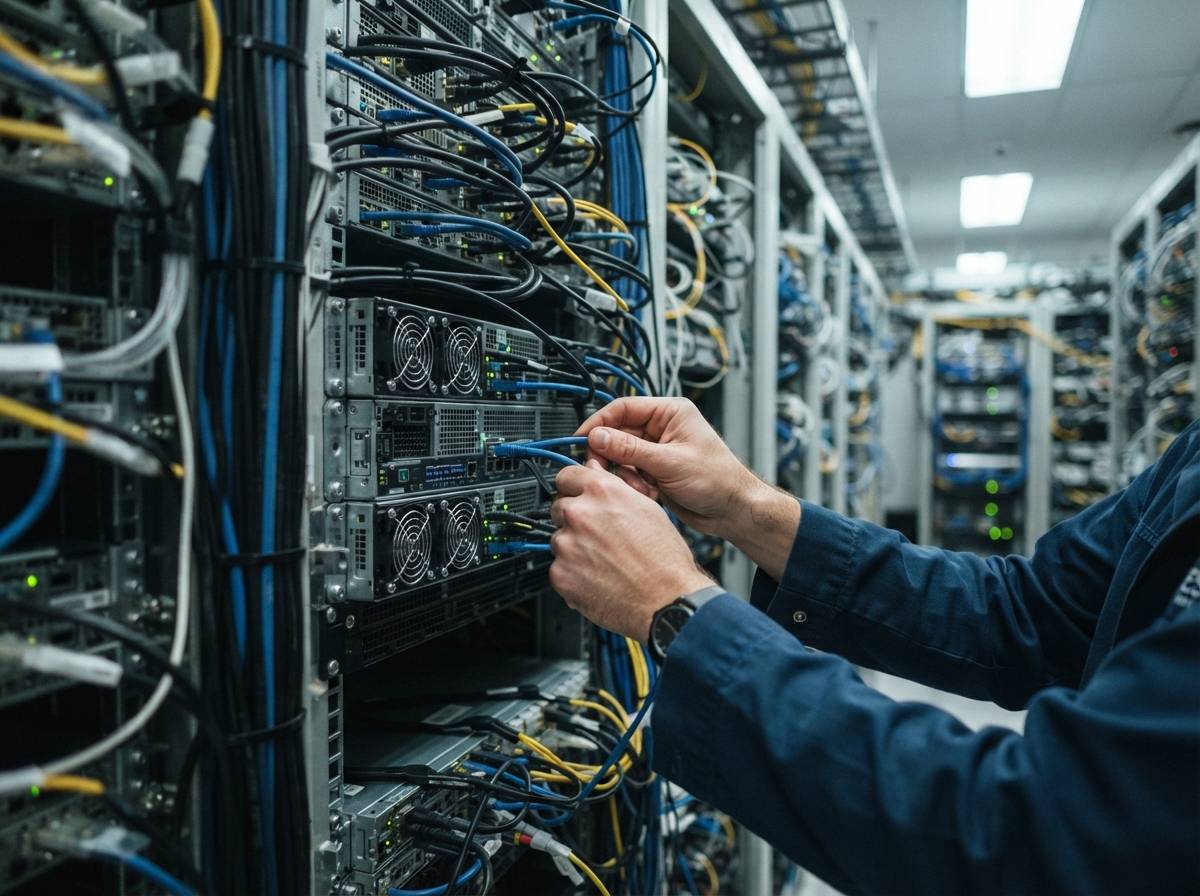 A technician inspects rows of AI server racks inside a data center.