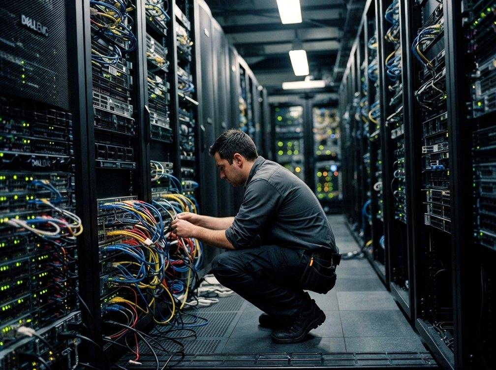 A technician inspects server racks inside a data center aisle.