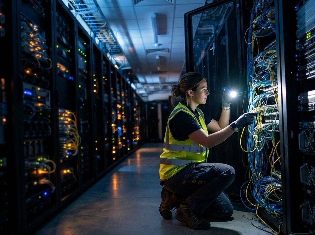 A technician inspects server racks inside a large data center hallway.