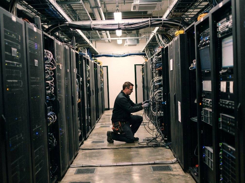 A technician walks through a data center aisle lined with server racks used for AI infrastructure.