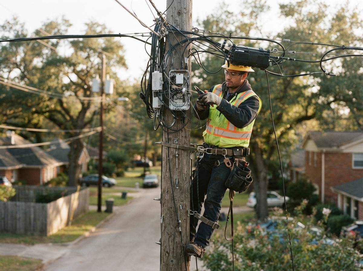 A telecom technician installs fiber optic cable on a utility pole in a suburban neighborhood.