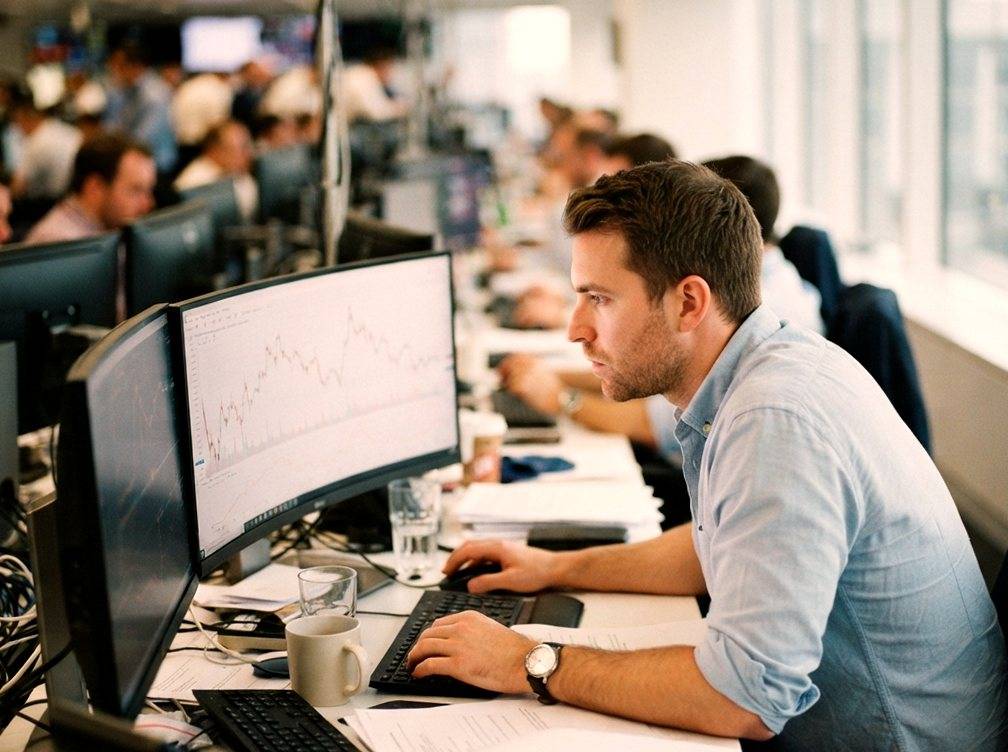 A trader monitors stock price charts on multiple screens at night.