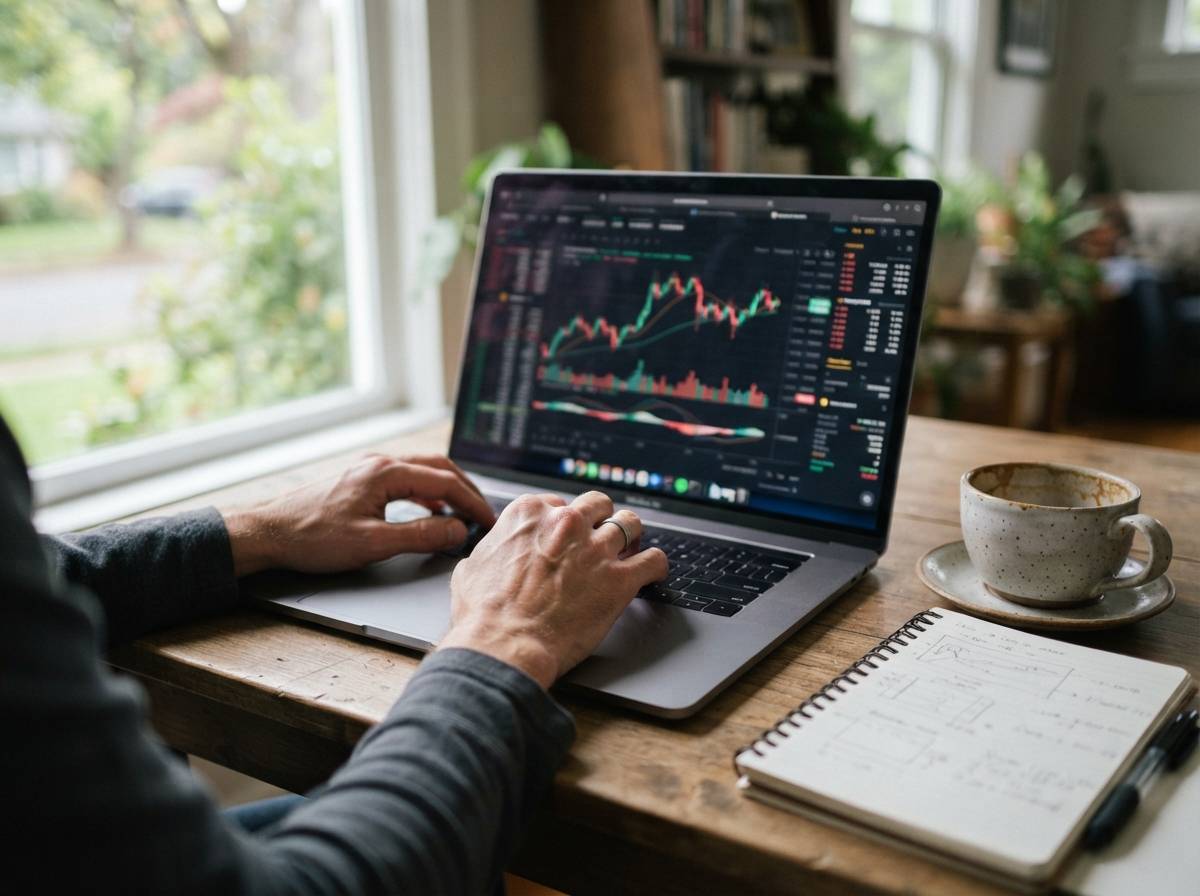 A trader studies cryptocurrency price charts on multiple monitors in a bright office.