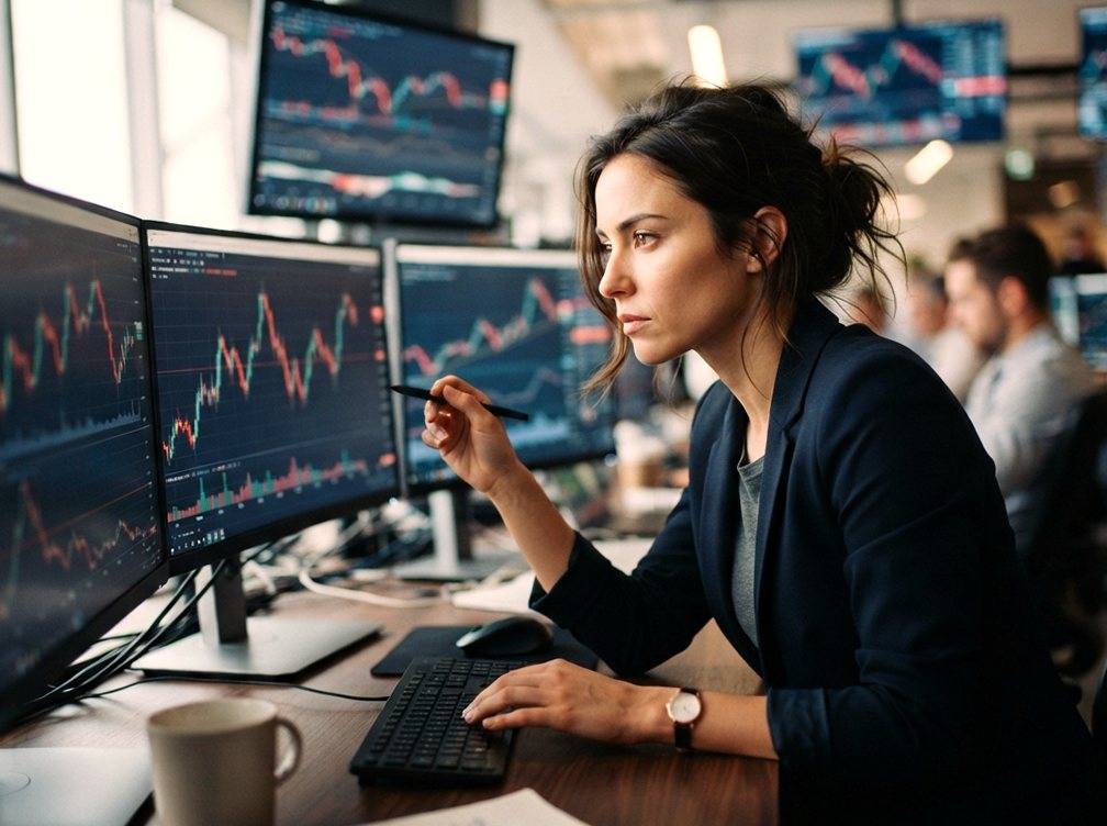 A trader watches stock price charts on multiple monitors at a desk in the early morning light.