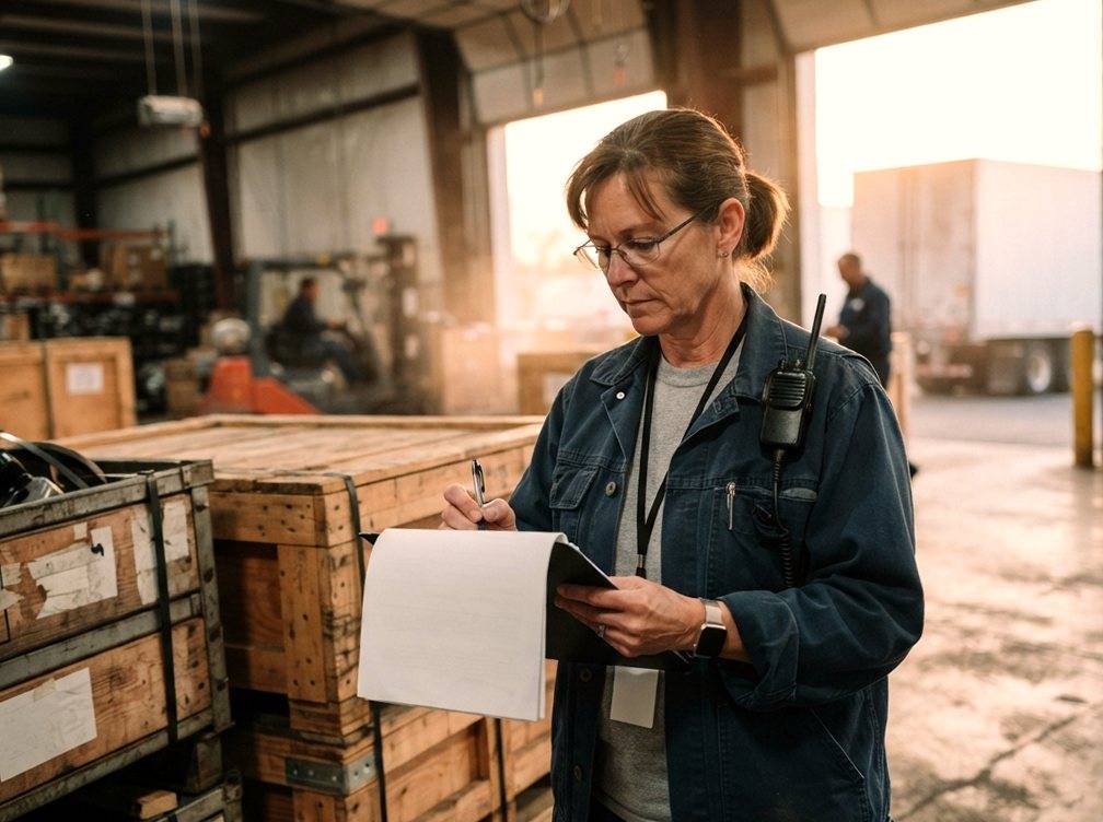 A warehouse supervisor reviews shipping documents beside crates of automotive parts near a loading dock.