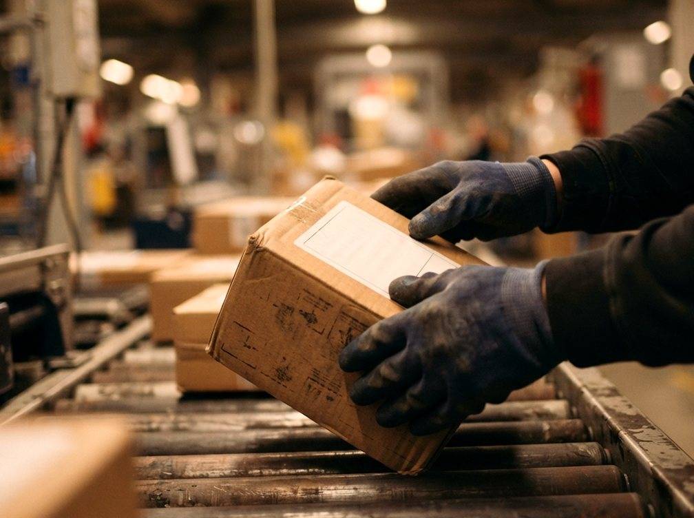 A warehouse worker scans packages moving along a conveyor belt.