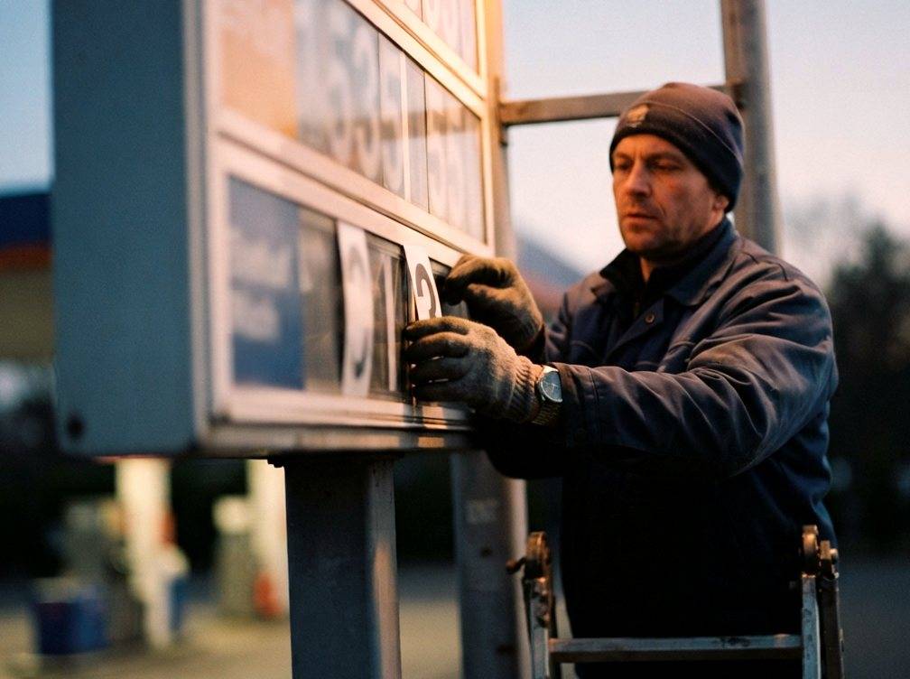 A worker changes the price numbers on a gas station sign in early morning light.