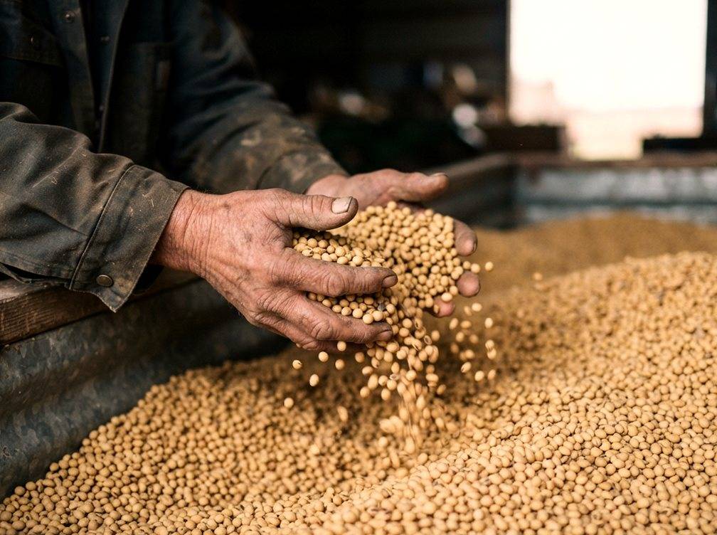 A worker inspects soybeans pouring into a storage bin at a grain elevator facility.