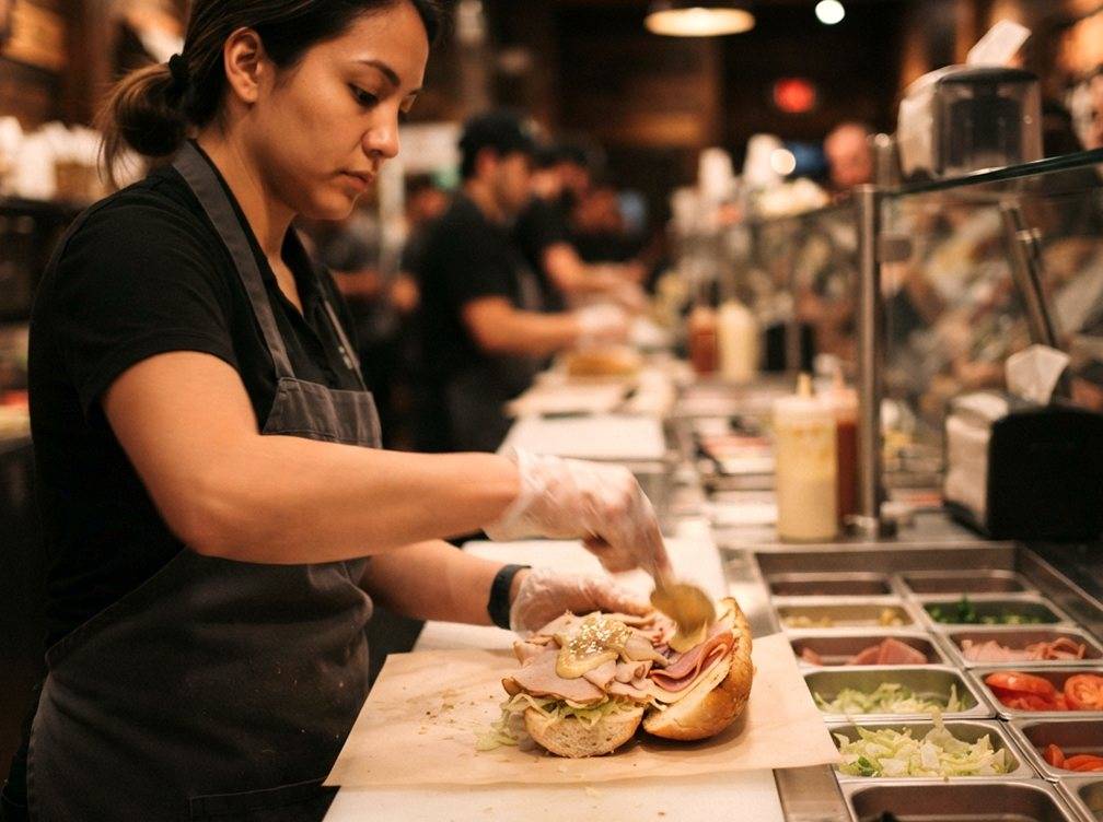 A worker prepares a made to order sandwich behind the counter at a sub shop.