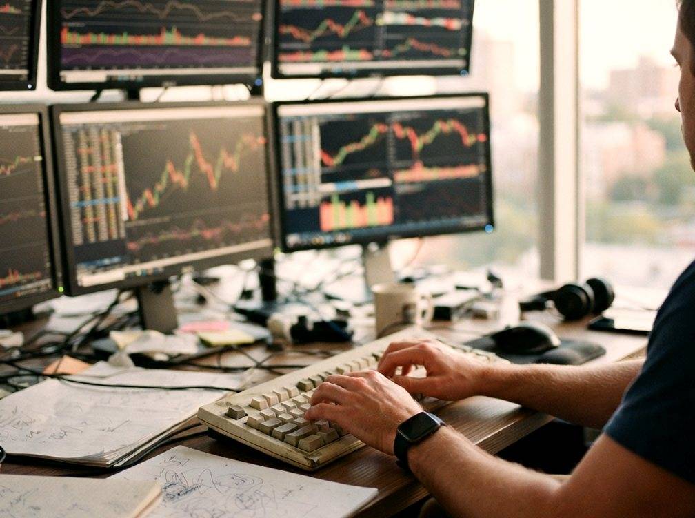 An analyst at a desk reviewing a declining stock chart on a laptop screen.