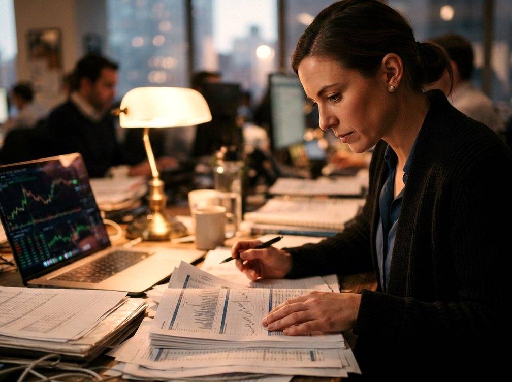 An analyst reviews printed earnings reports and stock charts at a desk in the evening.
