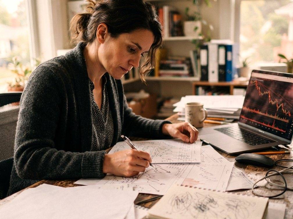 An analyst reviews printed stock charts and a laptop displaying declining share prices at a desk.