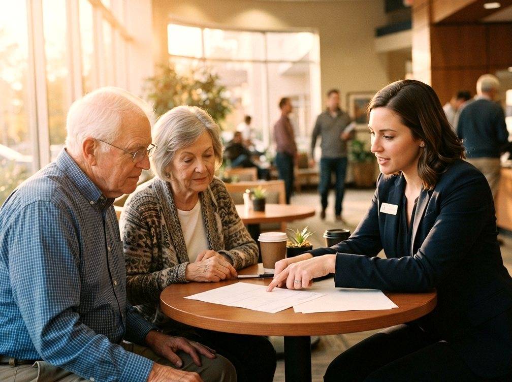 An elderly couple discusses certificate of deposit options with a bank advisor in a branch lobby.