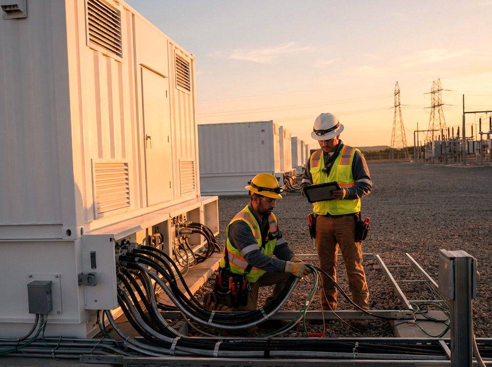 An engineer inspecting Tesla Megapack battery storage units at an outdoor installation site.