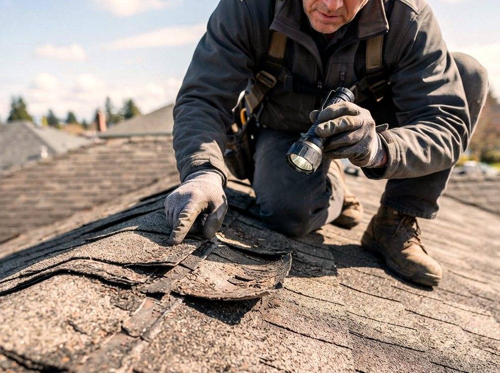 An insurance adjuster kneels on a rooftop closely inspecting aged, damaged shingles.