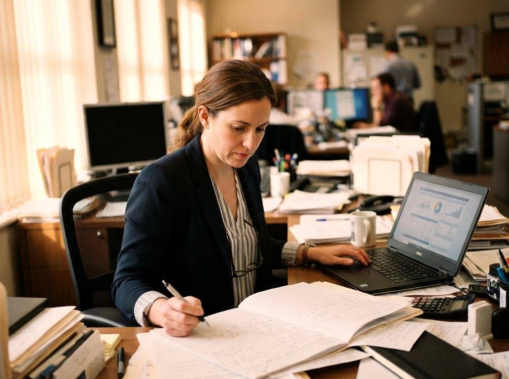 An insurance underwriter reviews an application file at her desk.