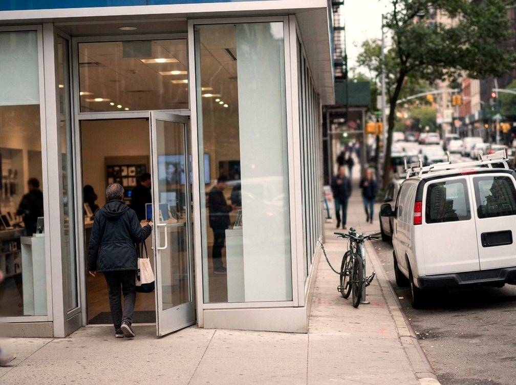 An Xfinity retail storefront on a city street with a customer walking in during daytime.
