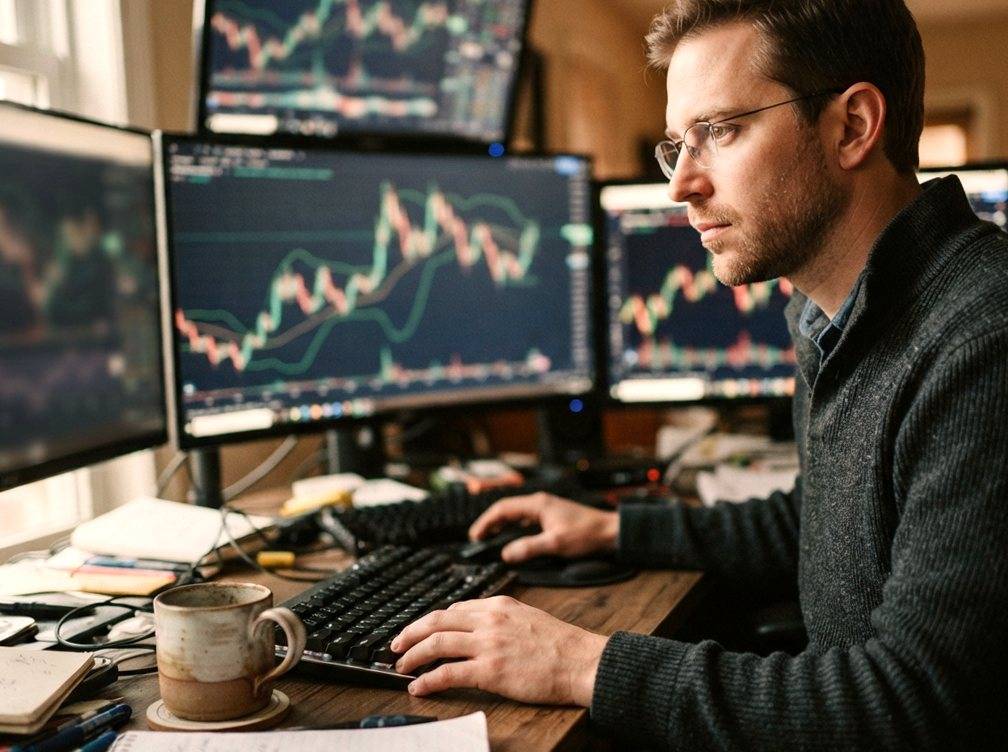Analysts gather around trading floor monitors discussing market movements.